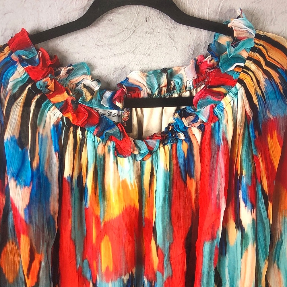 Vintage Collection Multicolor Ruffle-Neck Peasant Blouse Vibrant Abstract Print - Picture 8 of 11